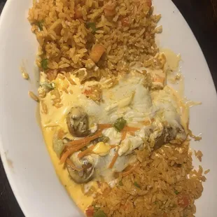 Chicken enchiladas smothered in queso, double rice