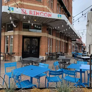 blue tables and chairs