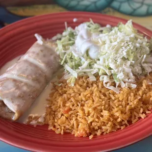 Special Lunch #6 Fried Beef Tip Chimichanga with rice.