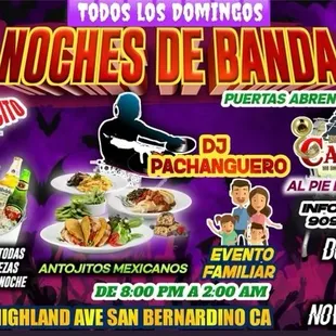 Vengan a disfrutar de una buena comida y la banda en vivo, todos los domingos. Las puertas se abren alas 4pm hasta las 2am!!