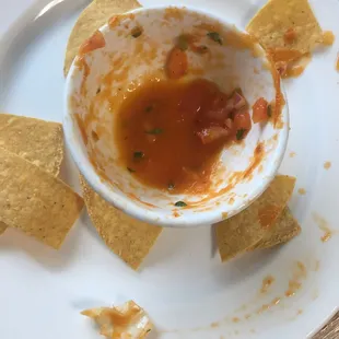 Chips and a warm tomatoey salsa, on the house