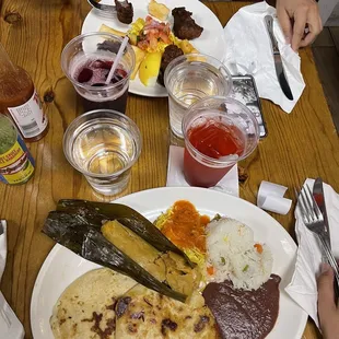 Yuca con Chicharron, 1 Pupusa and 1 Tamal de Pollo Combo, Jamaica, Chia con Limon