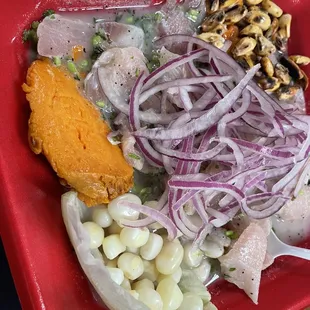 All the fixings on my ceviche, including sweet potato