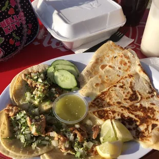 Chicken tacos and cheese quesadilla