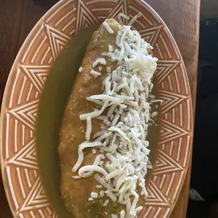 Rice bean cheese avocado chimichanga in green sauce