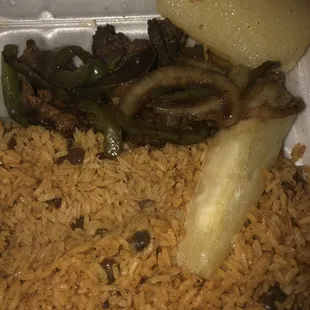 Steak &amp; Onions w/ black beans , rice