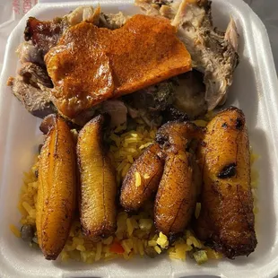 Roasted Pork Belly with Cuban Rice and Plantain bananas