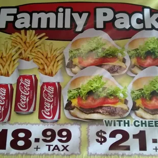 a family pack with cheeseburger and fries