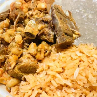 One meat platter with rice and beans