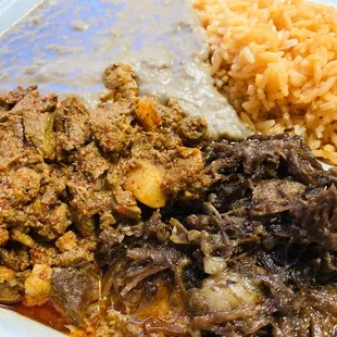 Two meat platter with rice and beans
