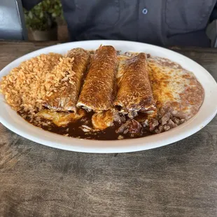 Carne Asada Enchiladas w Rice and Beans
