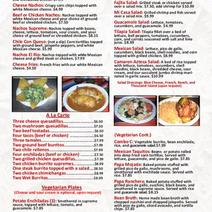 the menu for el rio mexican cuisine