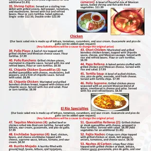 the menu for el rio mexican cuisine