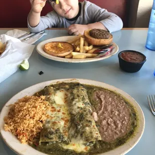 Cheeseburger kids plate (adding mustard) and Spinach Enchilada lunch plate
