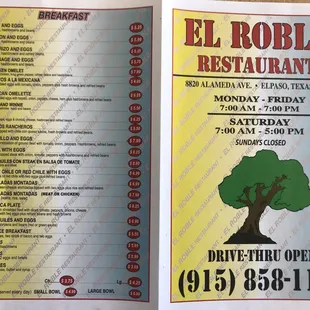 the menu for the restaurant