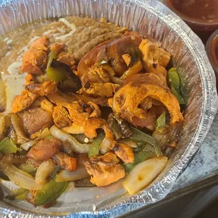 Lunch Chicken Fajitas with beans and tortillas