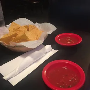 Salsa and chips.  This was the worst salsa I had ever eaten.