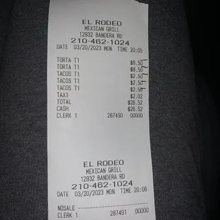 the receipt for the restaurant