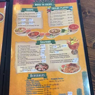 Soups, Childs plates, seafood and beverages menu