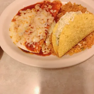 Beef taco and enchilada with rice