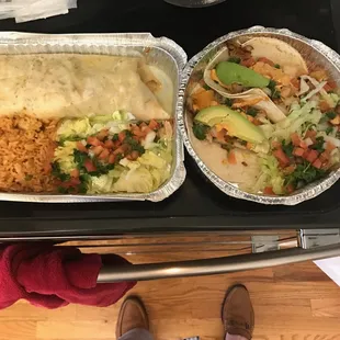 Burrito with rice and &quot;guac salad&quot; where they forgot guac. We ordered a burrito with beans and rice.  Fish tacos with no guac salad