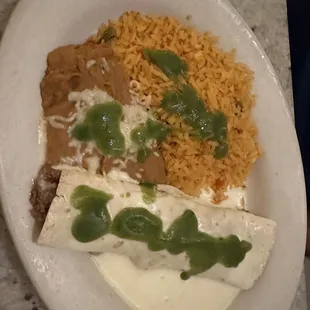 Beef burrito, rice and beans