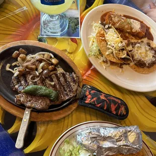 Top right: Combination Dinner, Left and Bottom right: Carne Azada