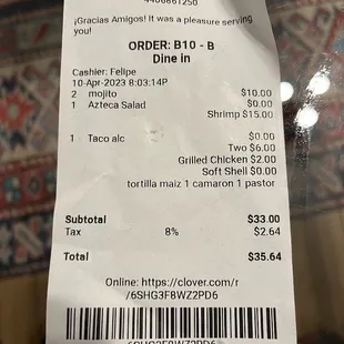 The $2.00 Grilled Chicken charge is supposed to represent the price for the Al Pastor and Shrimp taco cost.