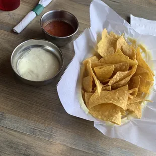 Chips, salsa, and the famous Virginia white sauce