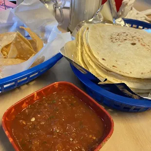 Fresh flour tortillas with chips and salsa