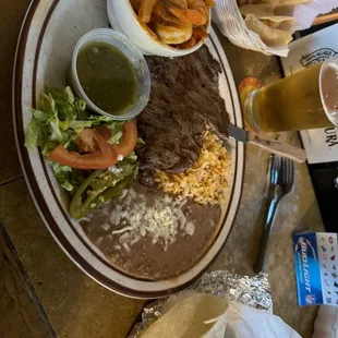 Carne asada with ranchers style shrimp.