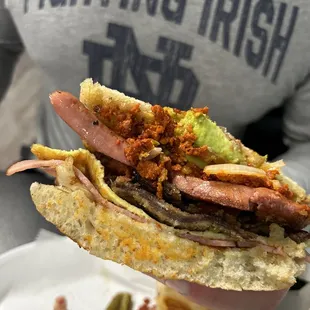 a person holding a sandwich