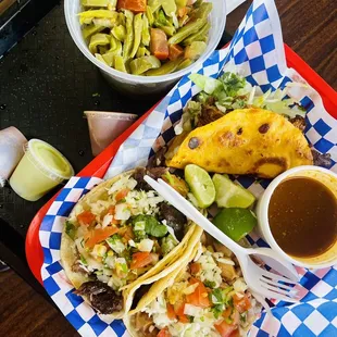 Quesabirria, pollo asado, costilla, nopales salad