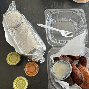 Barbacoa Burrito, hot sauce, Platanos Fritos