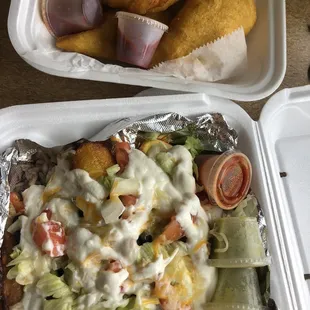 Sweet Plantains with rice &amp; refried beans and chicken empanadas