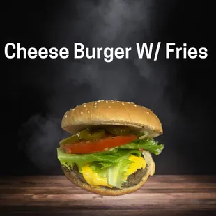 a cheeseburger with fries