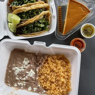 Tacos, flan, rice and beans