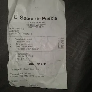 Menu says chips &amp; salsa $2.99. Check your receipt(s). I honestly don't understand this receipt 12.99+tax= 14.11?