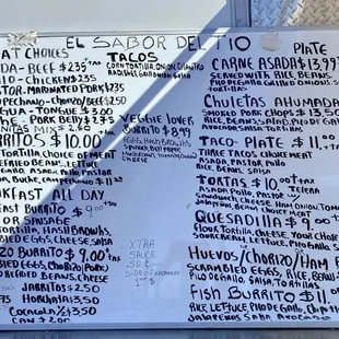 a menu on a white board