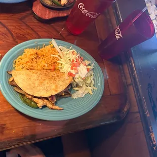 Lunch Fajita Quesadilla with salad