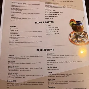 Menu Desserts, Tacos &amp; Tortas, and Menu item Descriptions