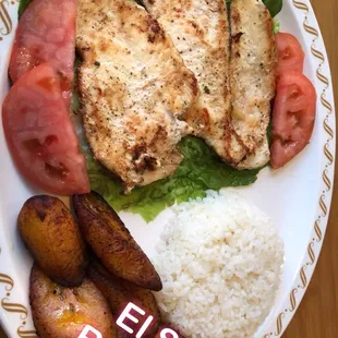 White Rice, Grilled Chicken Breast on a bed of Romaine lettuce &amp; Sweet Plantains