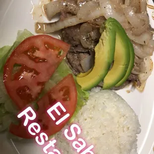 White Rice, Steak w onions, &amp; Salad