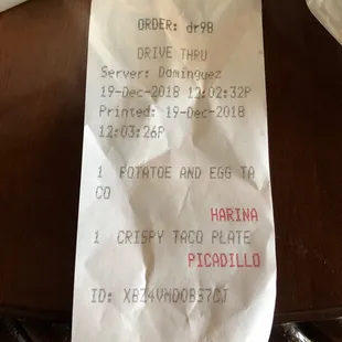 a receipt for a meal