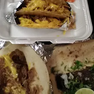 Crispy tacos, bean cheese and bacon, and barbacoa