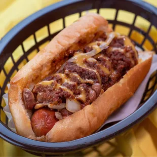 a chili dog in a basket