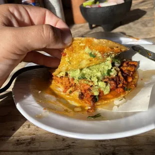 Mulita adobada with everything (white &amp; yellow cheese, mashed avocado, onion, and cilantro)