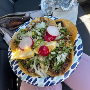 5 tacos - carne asada, carnitas, al pastor