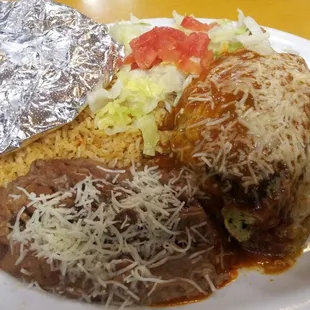 The hugest Chili Relleno I've ever been served,  possibly the best, rice, beans and homemade corn tortillas.