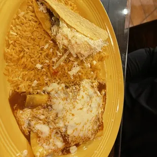 #1 dinner plate, two enchiladas, taco and rice